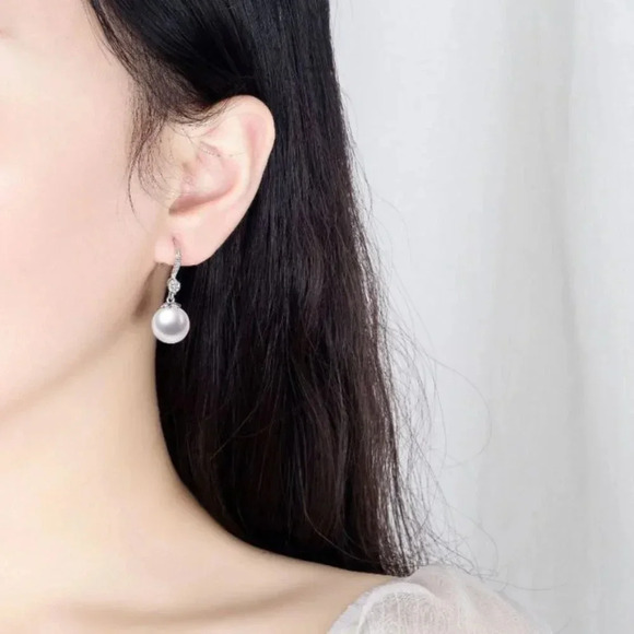 Sterling Silver Diamond 10 MM Pearl Drop Earrings - Picture 2 of 5